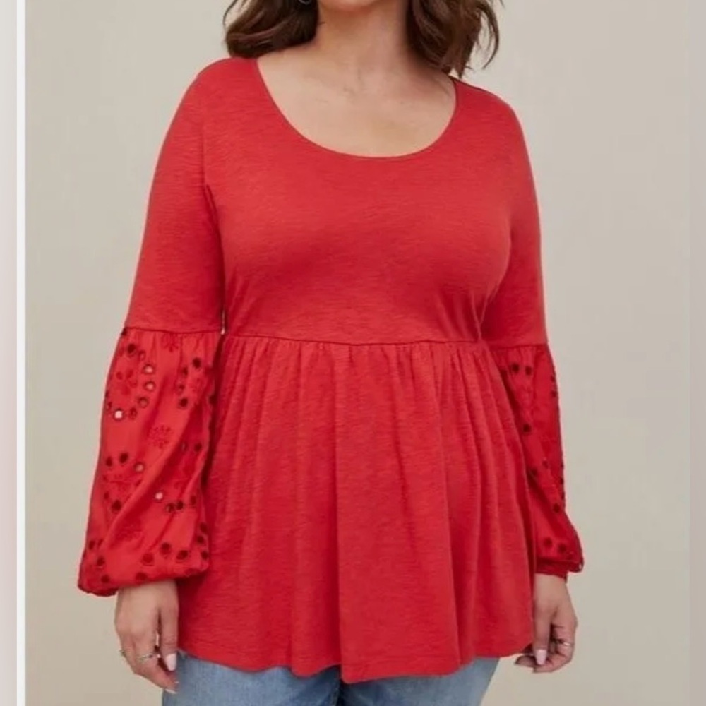 Torrid Plus Size 4X Red Eyelet Sleeve‎ Babydoll Top Women’s